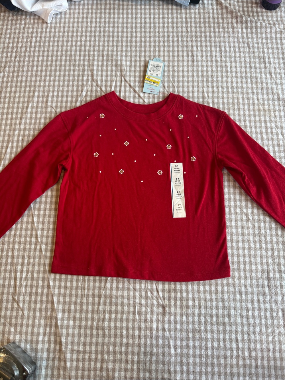 St. John's Bay Bright Red Long-Sleeve Tee with Floral Pearl Accents